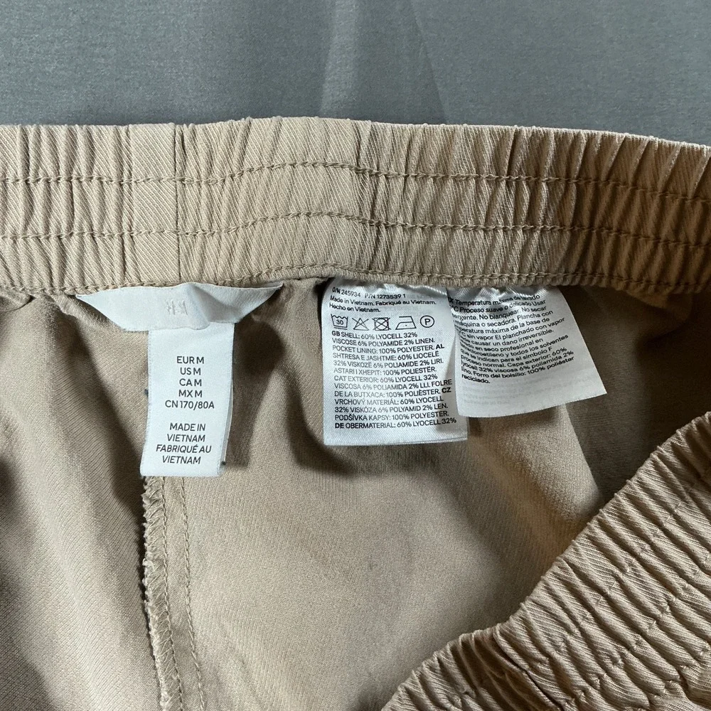 H&M Beige Lyocell Linen Blend Wide Leg Cropped Pants Elastic Waist Size M